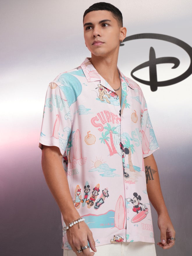 Disney By Highlander Men Pink Mickey Mouse Printed Relaxed Fit Casual Shirt - Pink - Image 6