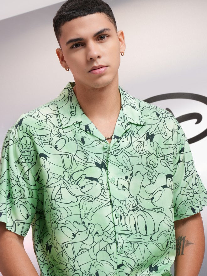 Disney By Highlander Men Green Donald Duck Printed Relaxed Fit Casual Shirt - Green - Image 1