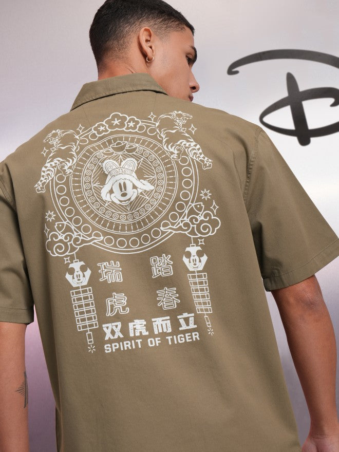 Disney By Highlander Men Khaki Mickey Mouse Printed Relaxed Fit Casual Shirt - Khaki - Image 1