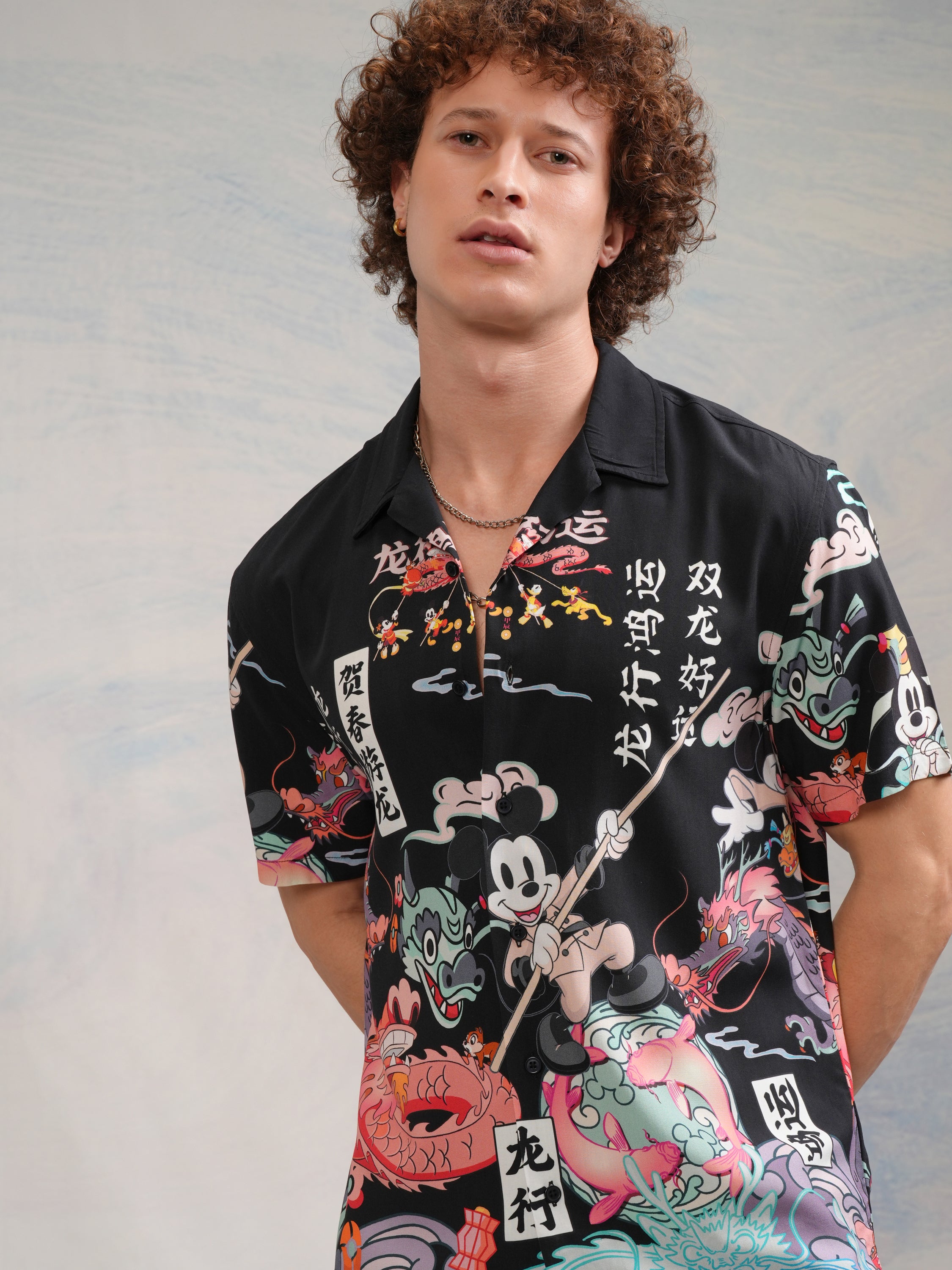 Disney By Highlander Men Black Mickey Mouse Printed Relaxed Fit Casual Shirt - Black - Image 1