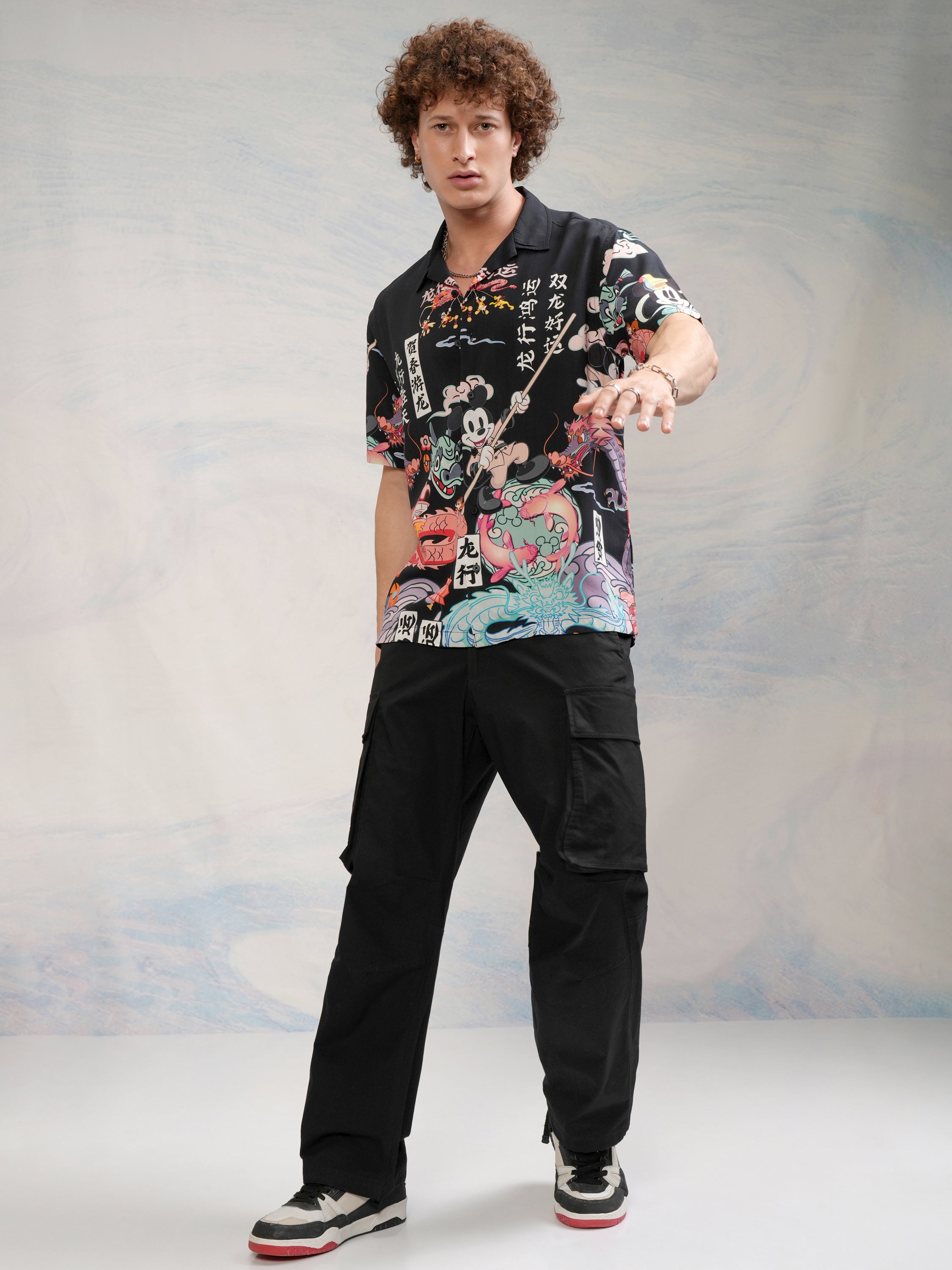 Disney By Highlander Men Black Mickey Mouse Printed Relaxed Fit Casual Shirt - Black - Image 2