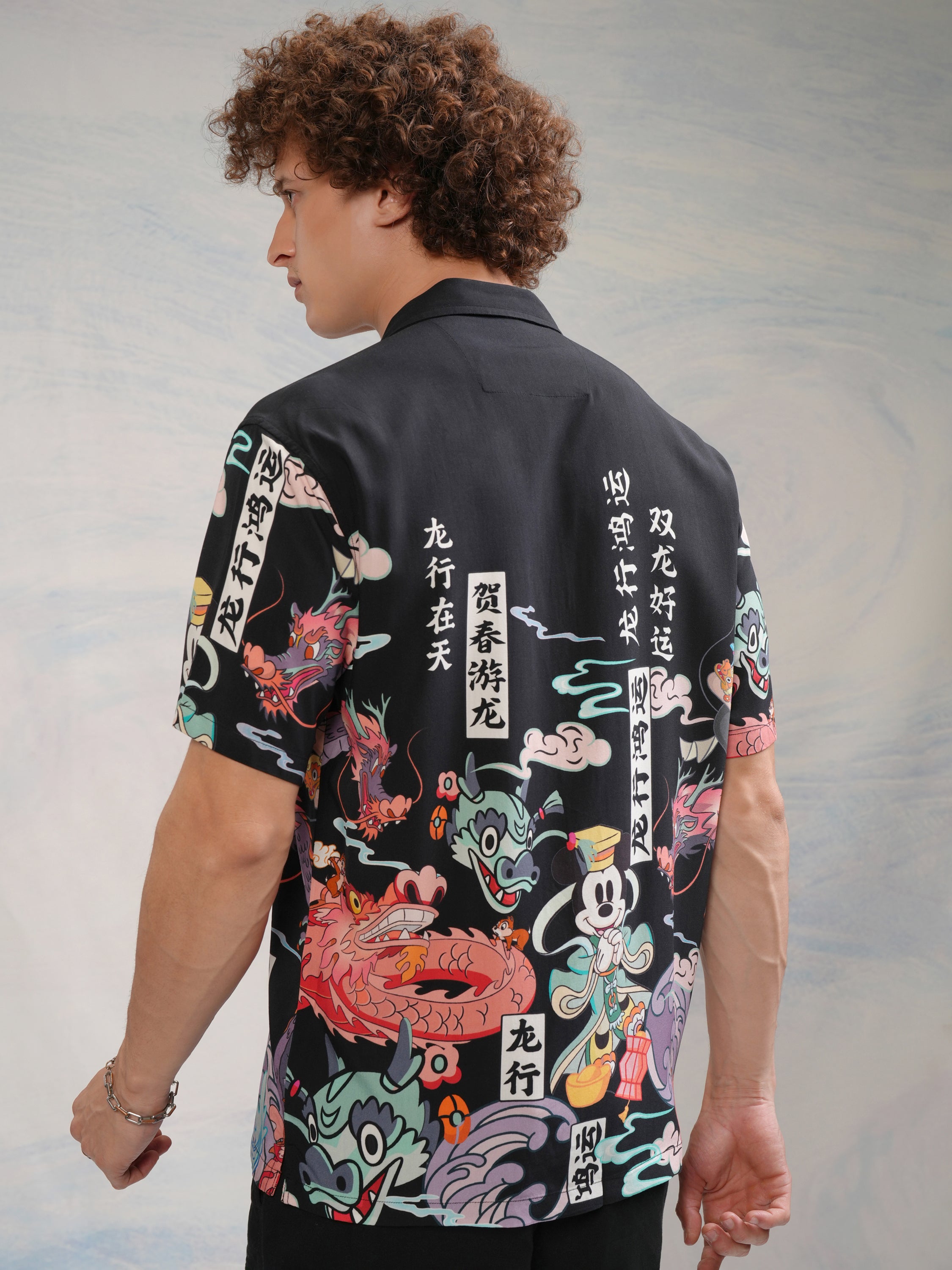 Disney By Highlander Men Black Mickey Mouse Printed Relaxed Fit Casual Shirt - Black - Image 3