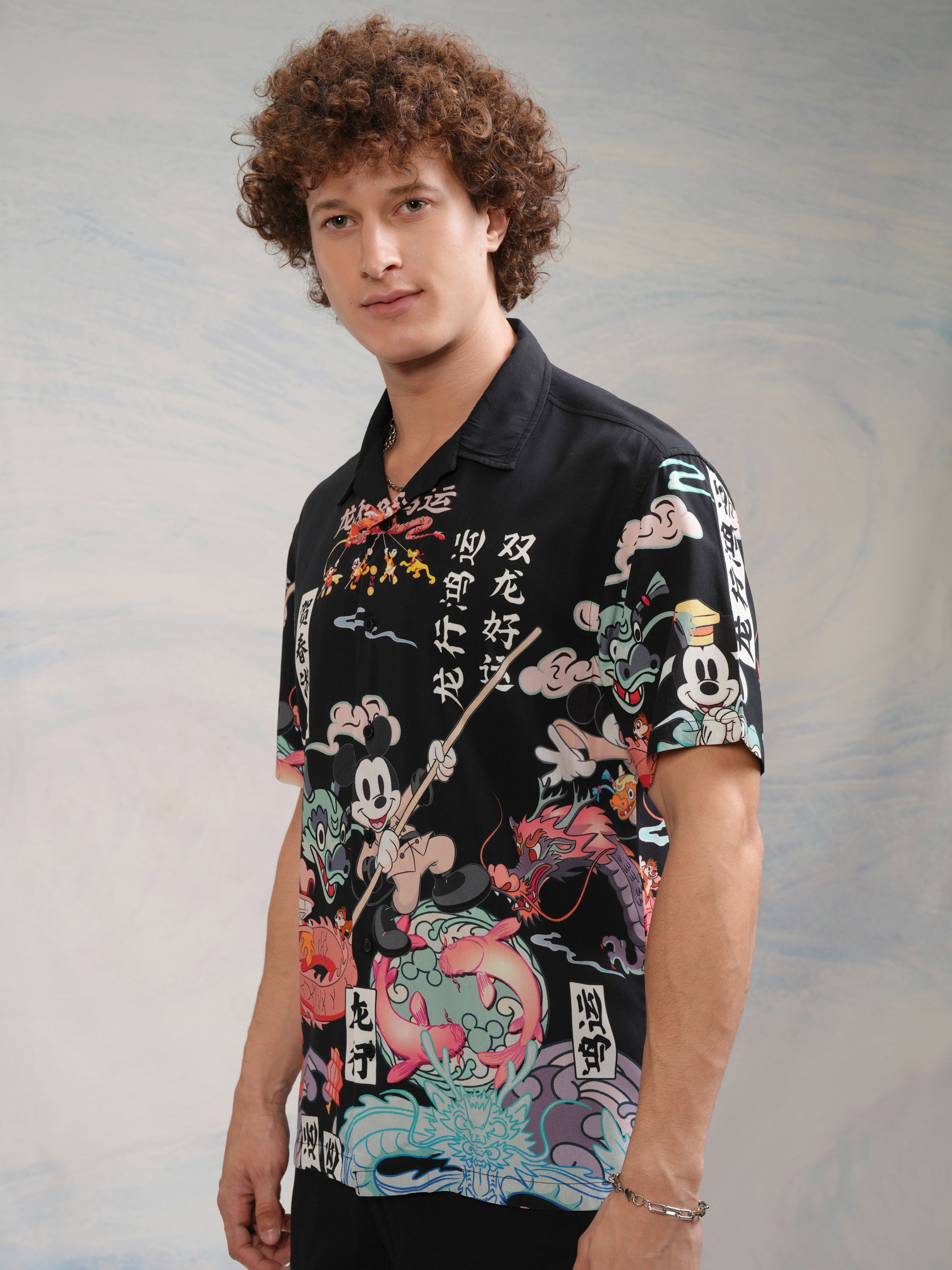 Disney By Highlander Men Black Mickey Mouse Printed Relaxed Fit Casual Shirt - Black - Image 4