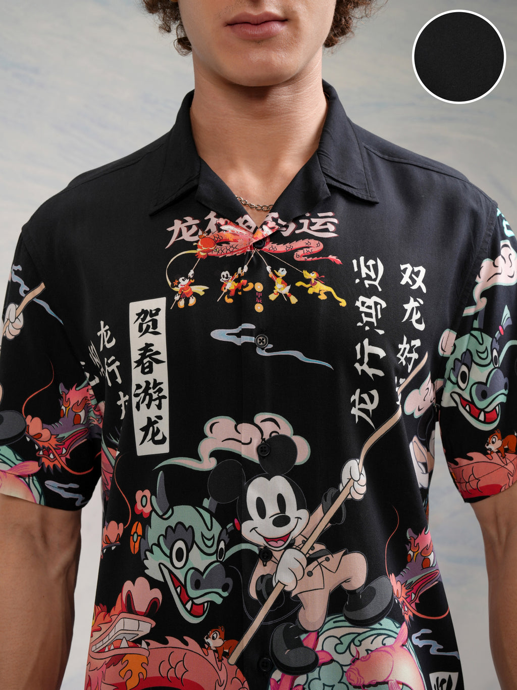 Disney By Highlander Men Black Mickey Mouse Printed Relaxed Fit Casual Shirt - Black - Image 5