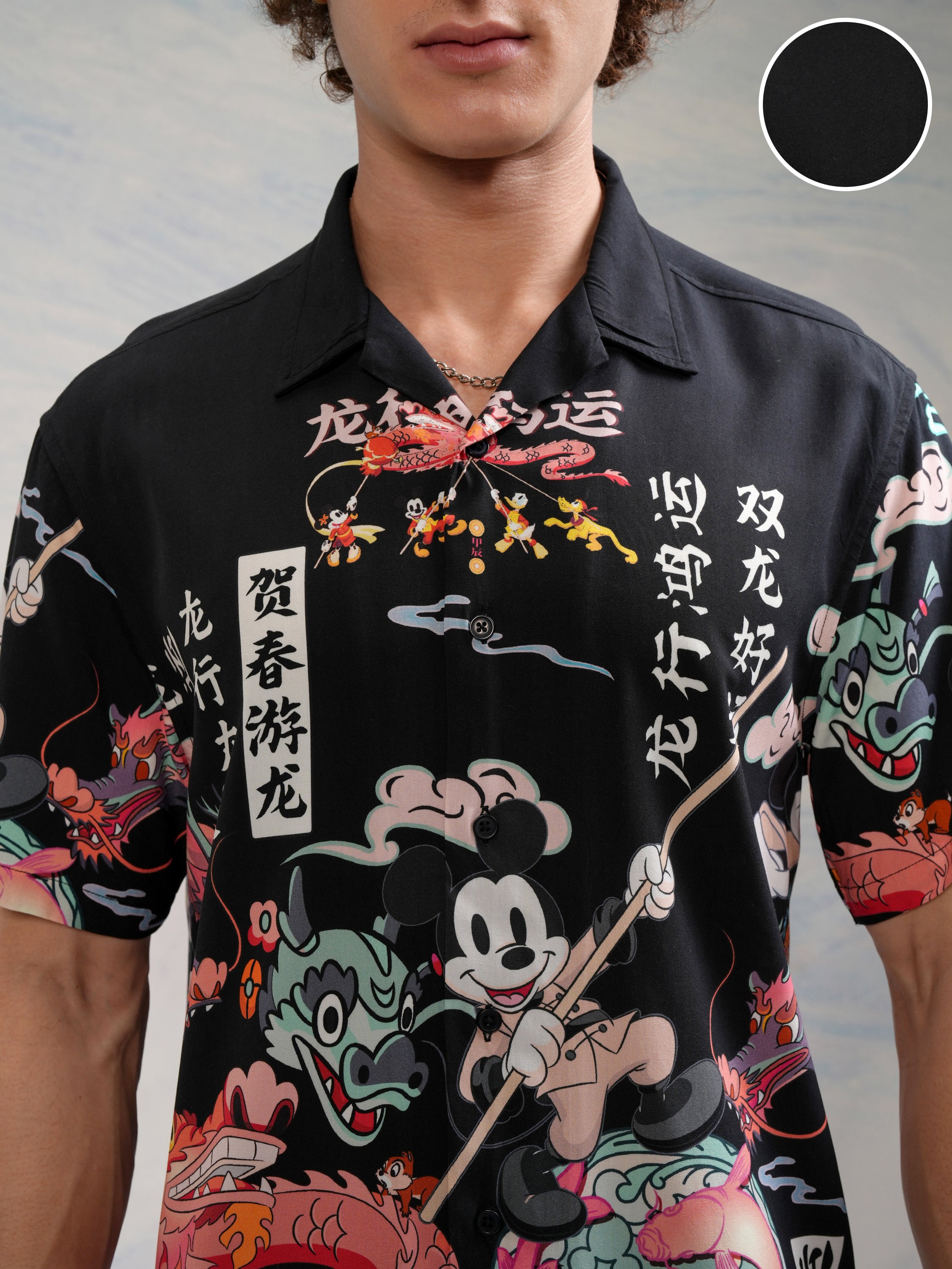 Disney By Highlander Men Black Mickey Mouse Printed Relaxed Fit Casual Shirt - Black - Image 5