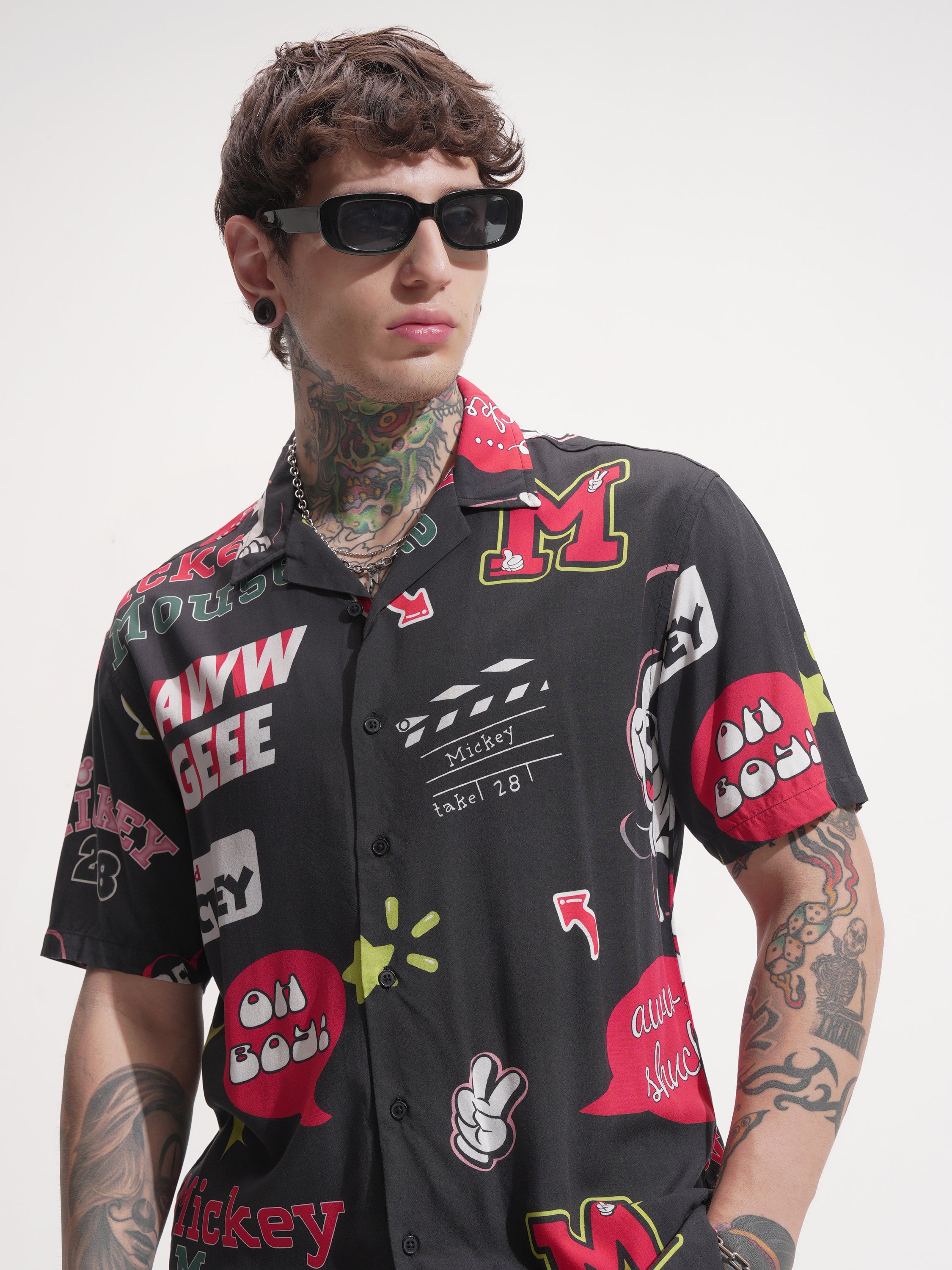 Disney By Highlander Men Black Mickey Mouse Printed Relaxed Fit Casual Shirt - Black - Image 1