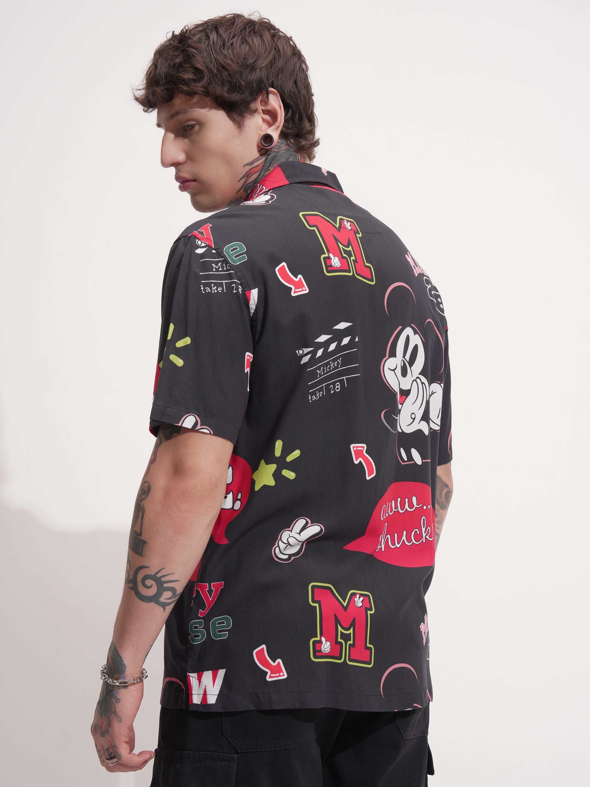 Disney By Highlander Men Black Mickey Mouse Printed Relaxed Fit Casual Shirt - Black - Image 3
