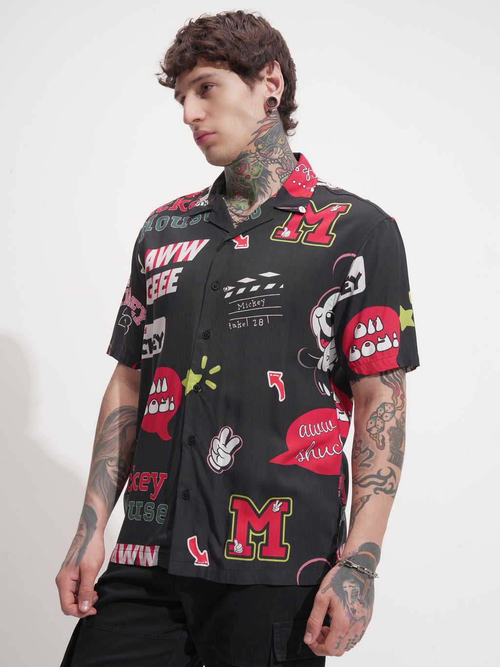 Disney By Highlander Men Black Mickey Mouse Printed Relaxed Fit Casual Shirt - Black - Image 4