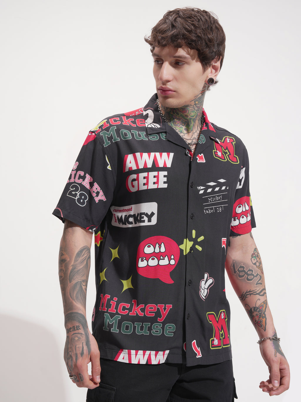 Disney By Highlander Men Black Mickey Mouse Printed Relaxed Fit Casual Shirt - Black - Image 6