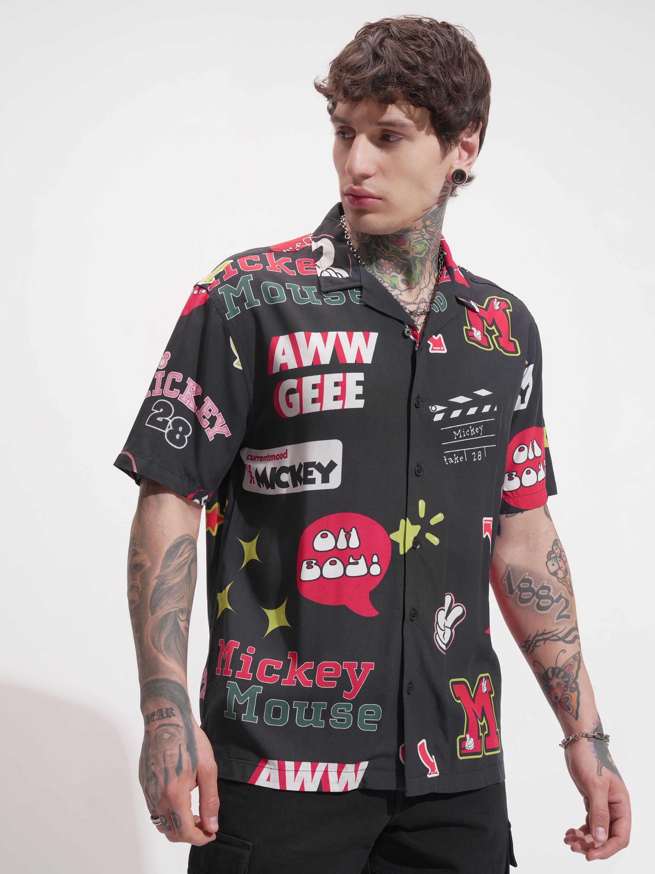 Disney By Highlander Men Black Mickey Mouse Printed Relaxed Fit Casual Shirt - Black - Image 6