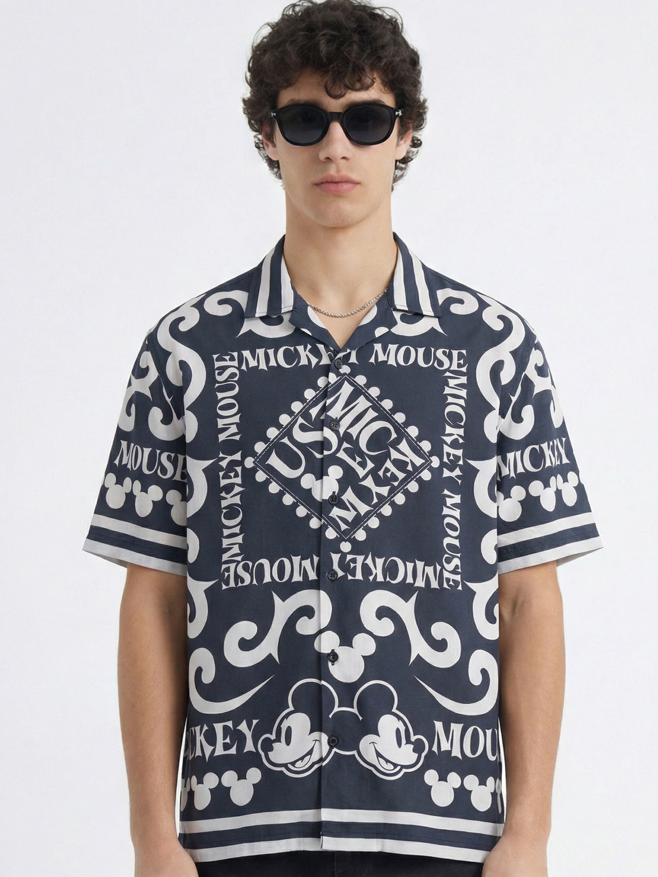 Disney By Highlander Men Black Mickey Mouse Printed Relaxed Fit Casual Shirt - Black - Image 1