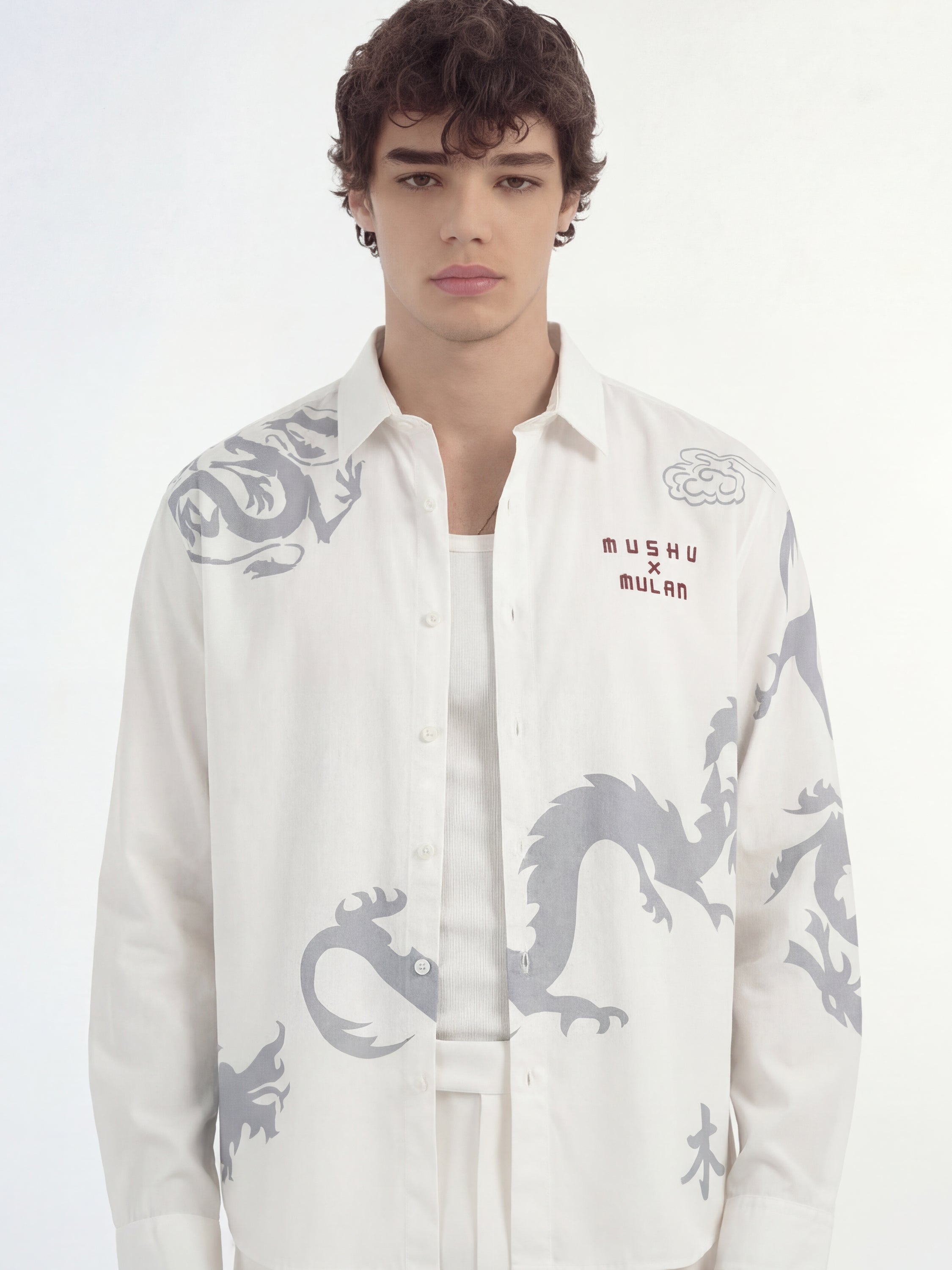 Disney By Highlander Men White Mushu X Mulan Printed Relaxed Fit Casual Shirt - White - Image 1