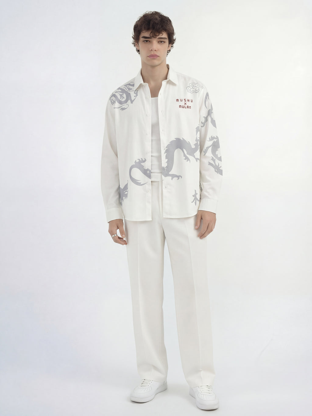 Disney By Highlander Men White Mushu X Mulan Printed Relaxed Fit Casual Shirt - White - Image 2