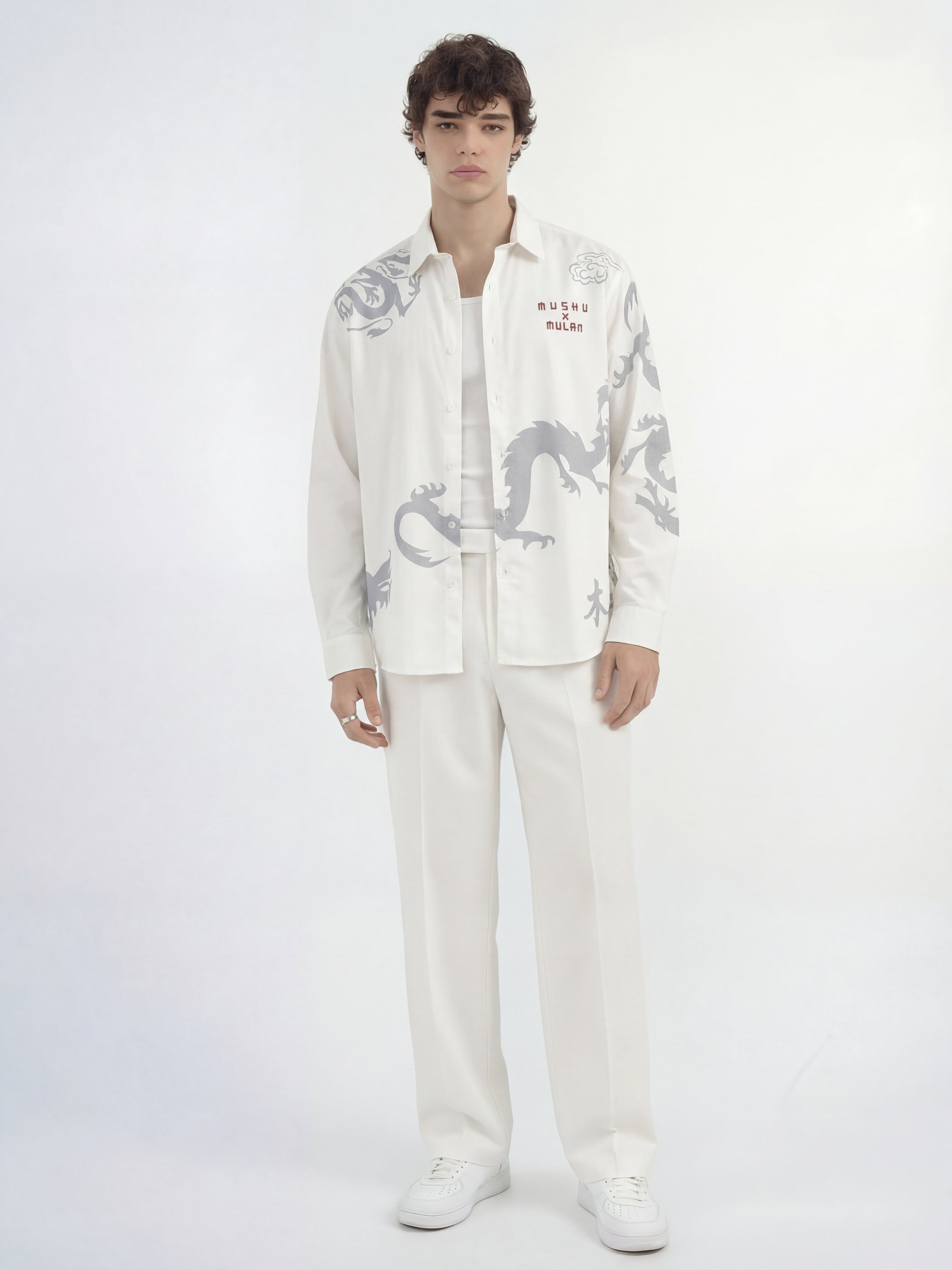 Disney By Highlander Men White Mushu X Mulan Printed Relaxed Fit Casual Shirt - White - Image 2