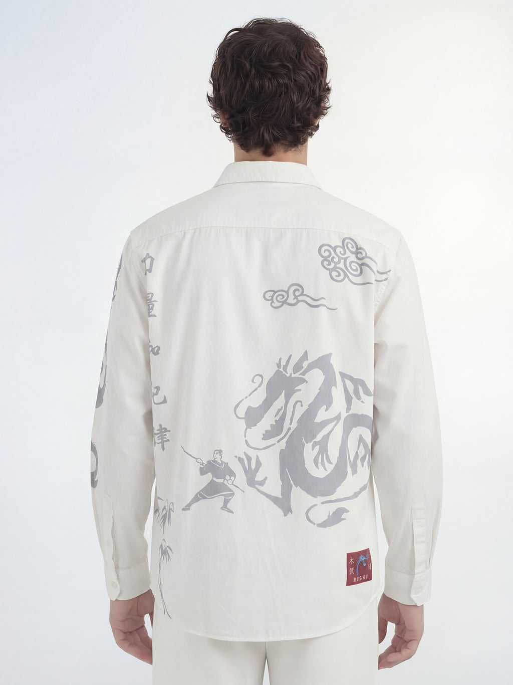 Disney By Highlander Men White Mushu X Mulan Printed Relaxed Fit Casual Shirt - White - Image 3