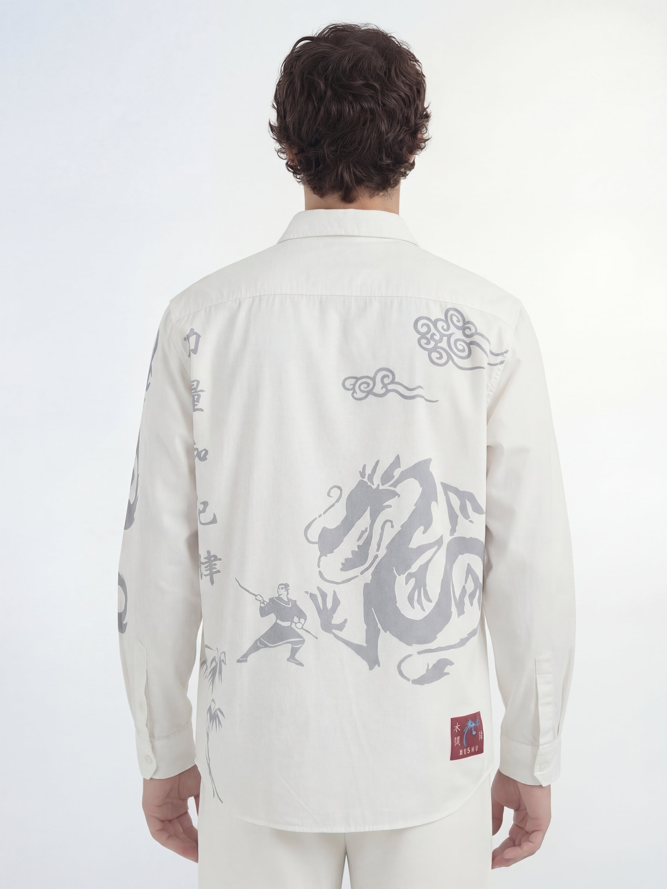 Disney By Highlander Men White Mushu X Mulan Printed Relaxed Fit Casual Shirt - White - Image 3