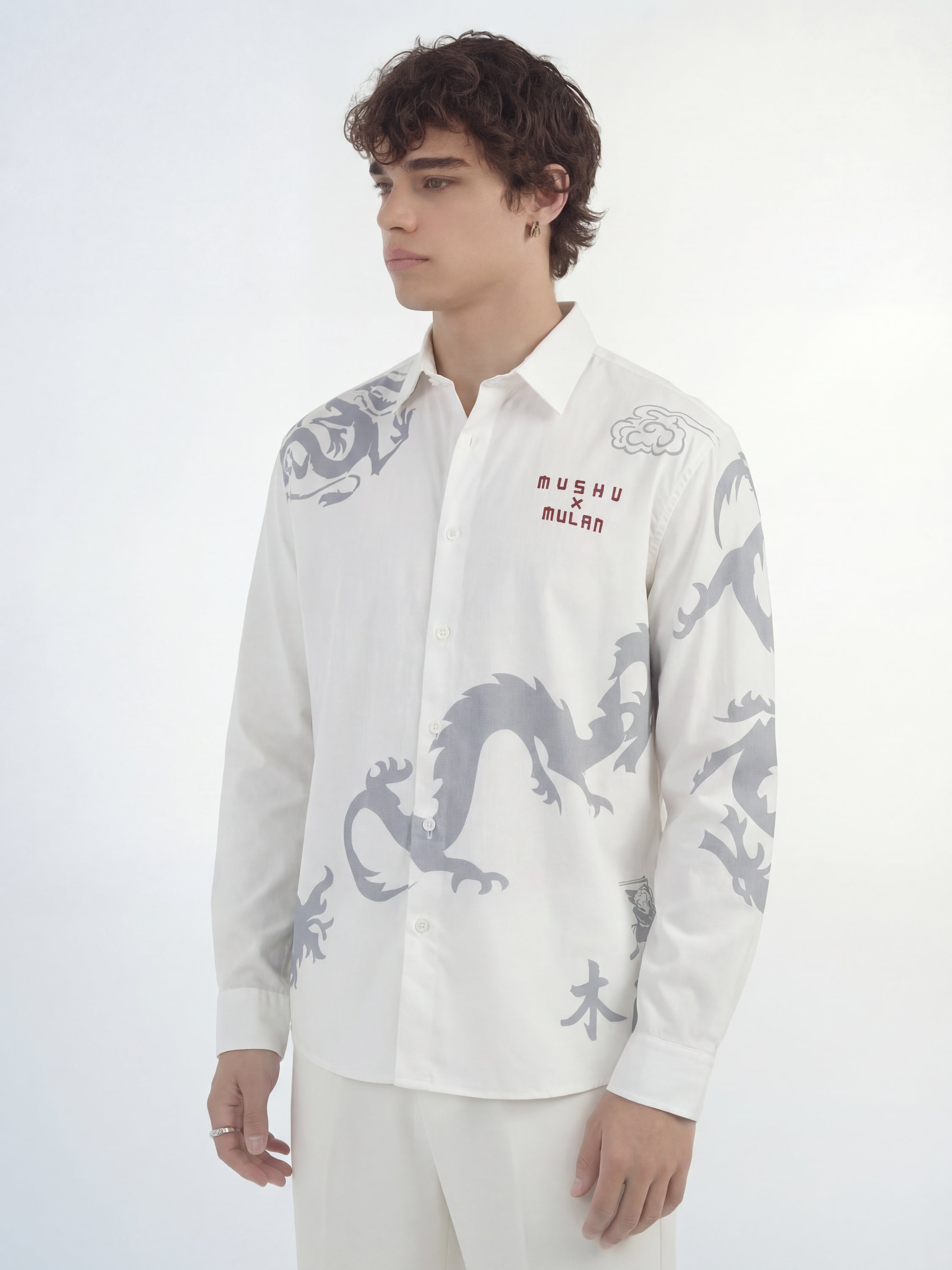 Disney By Highlander Men White Mushu X Mulan Printed Relaxed Fit Casual Shirt - White - Image 4