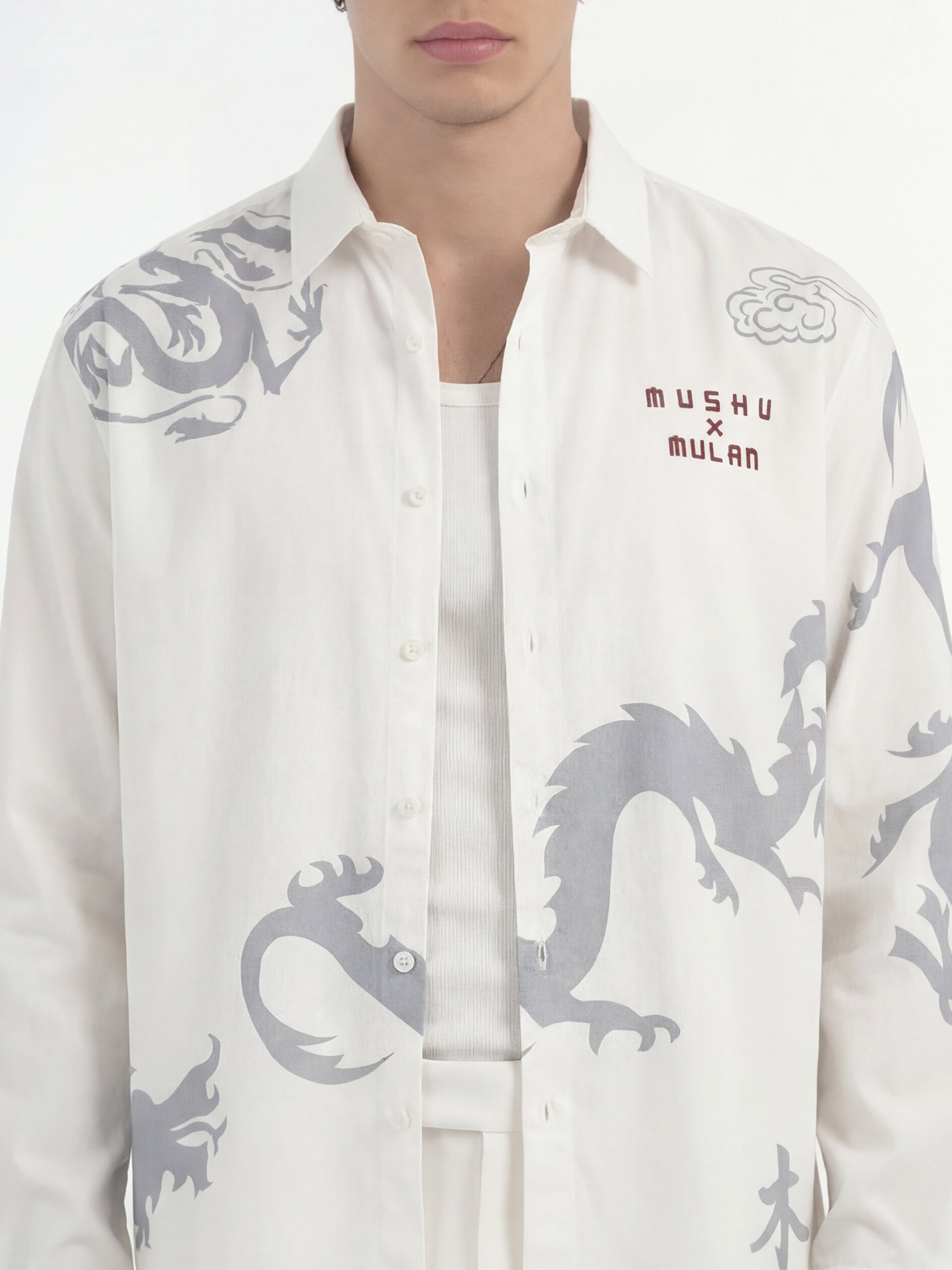 Disney By Highlander Men White Mushu X Mulan Printed Relaxed Fit Casual Shirt - White - Image 5