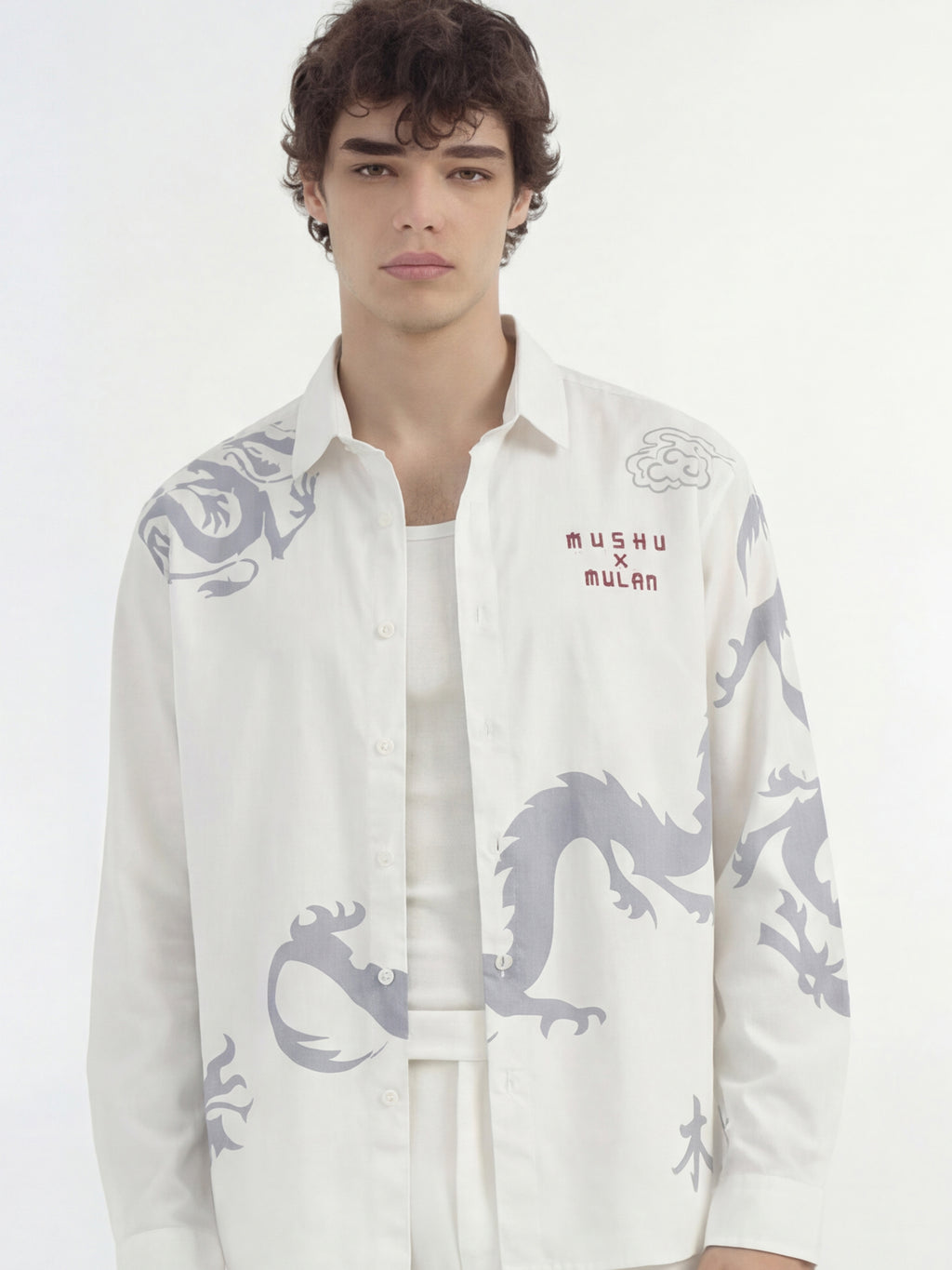 Disney By Highlander Men White Mushu X Mulan Printed Relaxed Fit Casual Shirt - White - Image 1