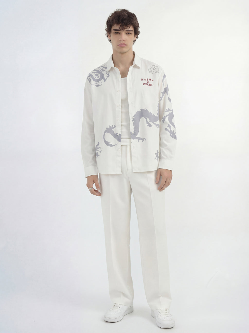 Disney By Highlander Men White Mushu X Mulan Printed Relaxed Fit Casual Shirt - White - Image 2