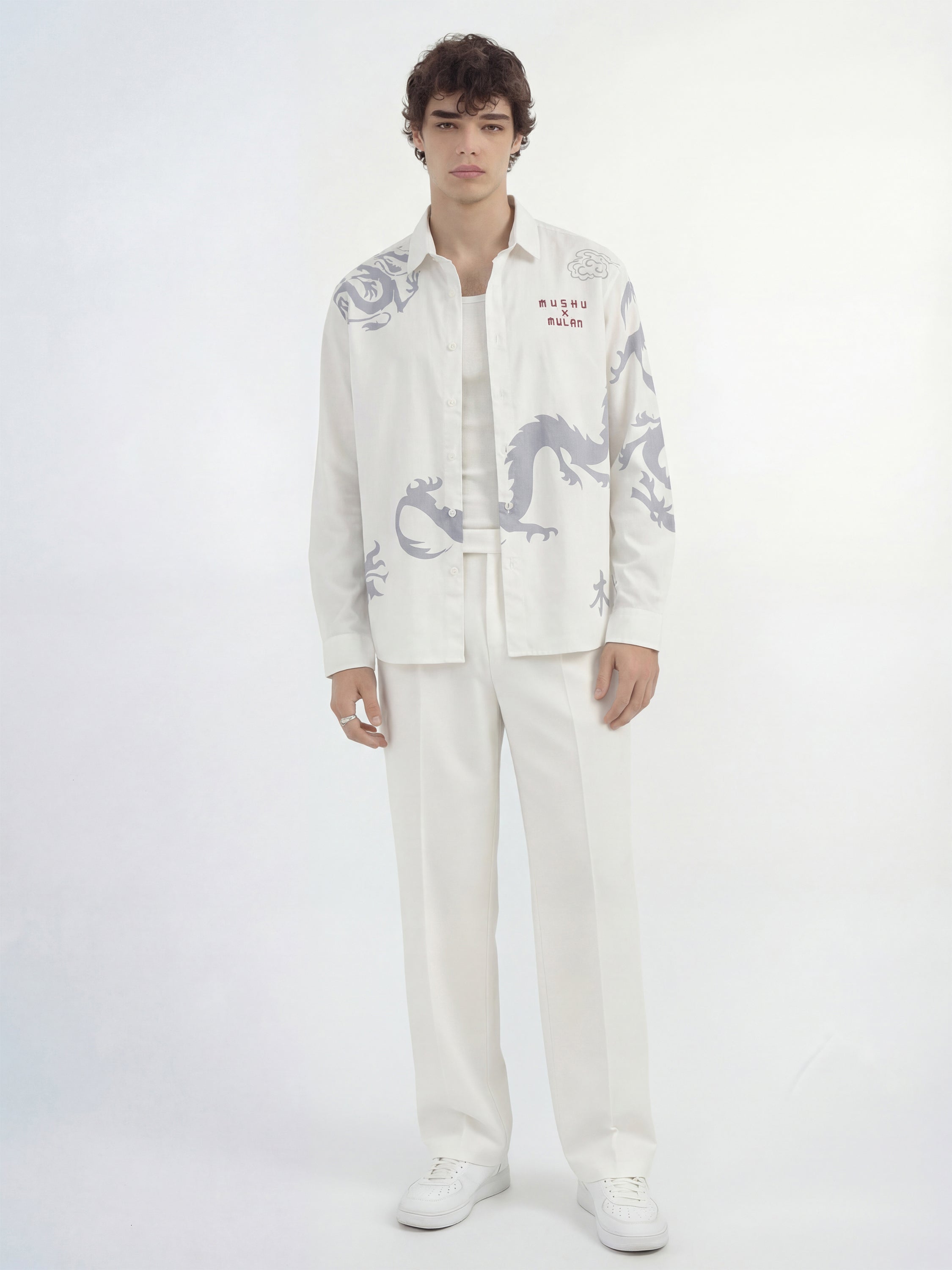 Disney By Highlander Men White Mushu X Mulan Printed Relaxed Fit Casual Shirt - White - Image 2