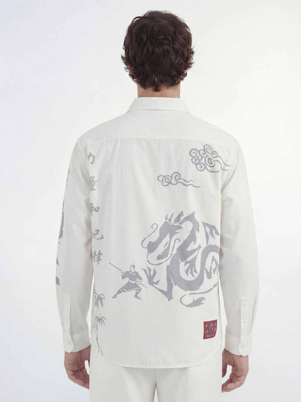 Disney By Highlander Men White Mushu X Mulan Printed Relaxed Fit Casual Shirt - White - Image 3