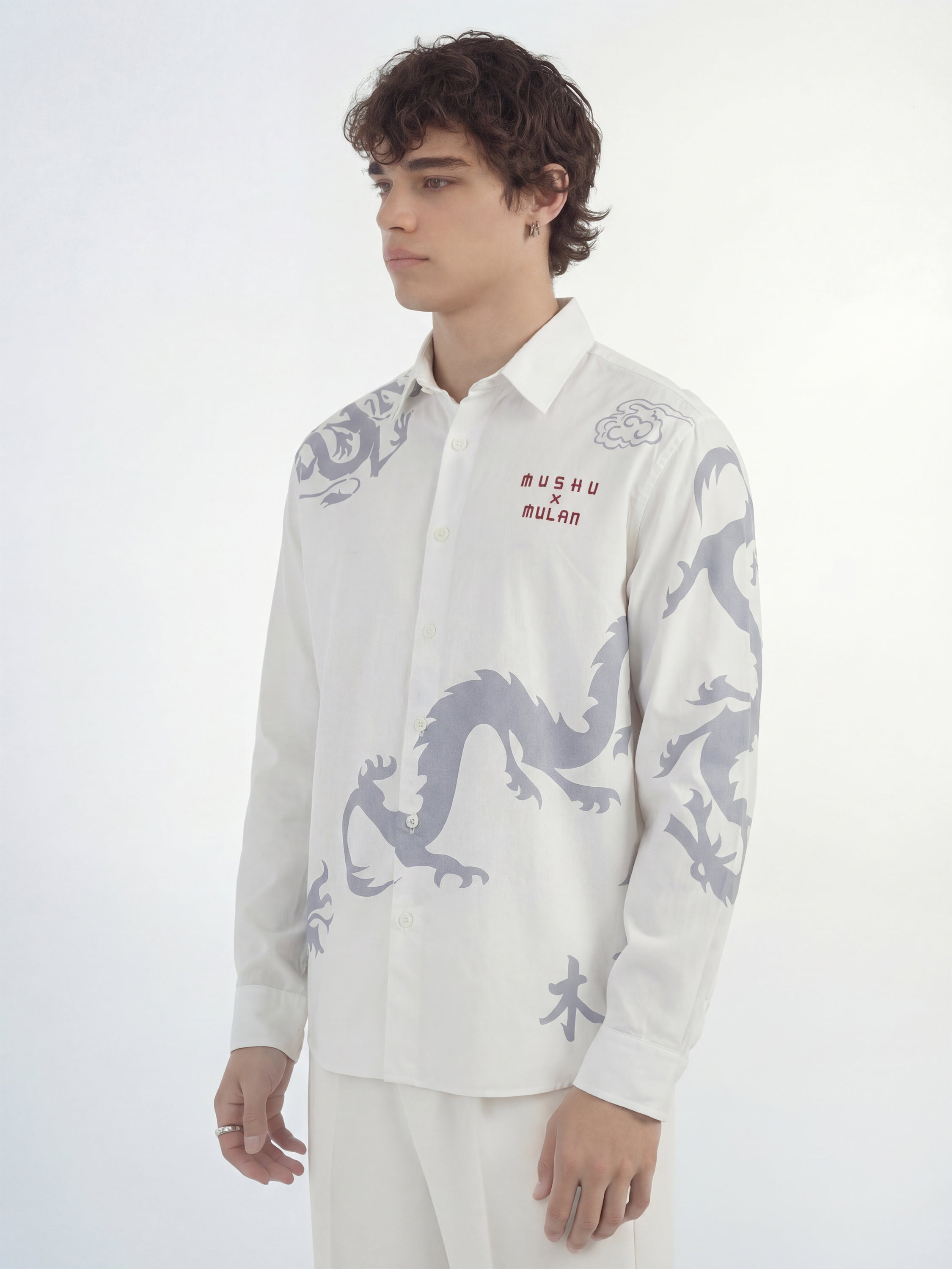 Disney By Highlander Men White Mushu X Mulan Printed Relaxed Fit Casual Shirt - White - Image 4