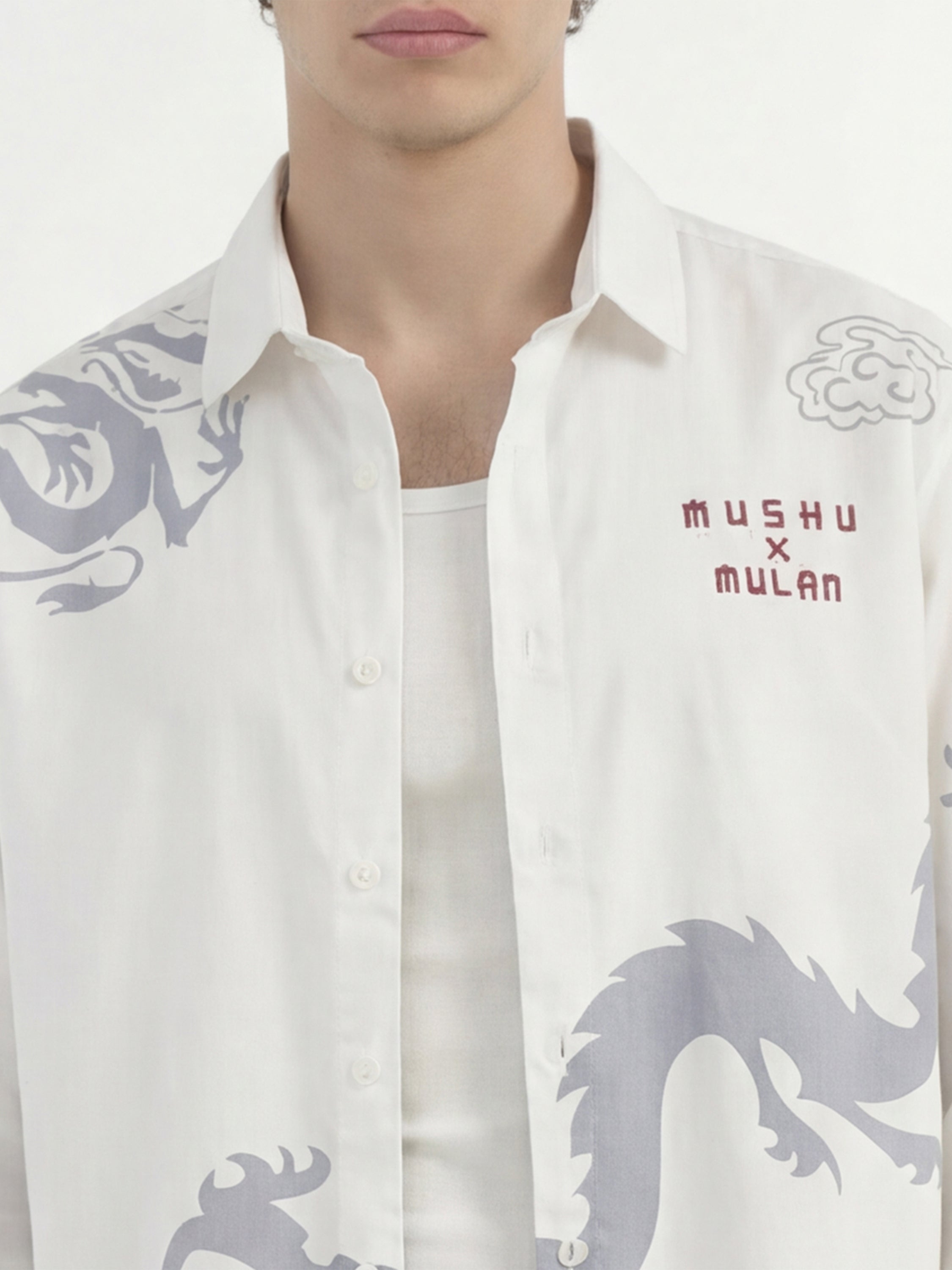 Disney By Highlander Men White Mushu X Mulan Printed Relaxed Fit Casual Shirt - White - Image 5