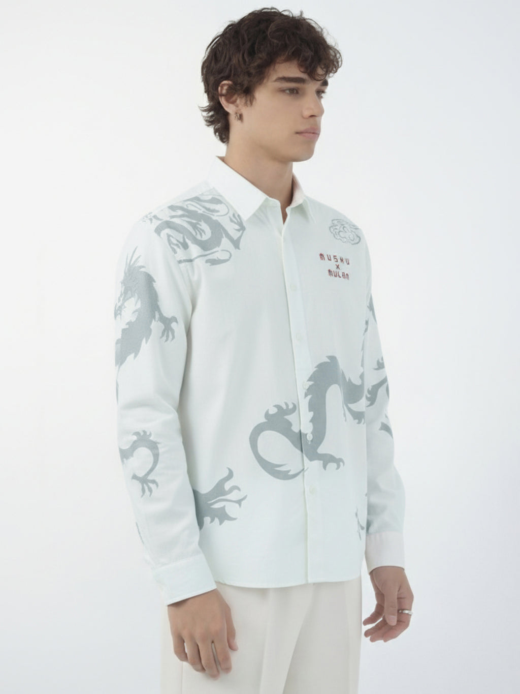 Disney By Highlander Men White Mushu X Mulan Printed Relaxed Fit Casual Shirt - White - Image 6