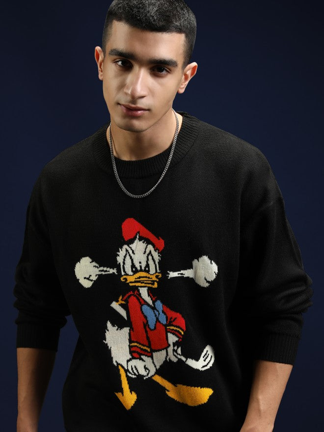 Disney By Highlander Men Black Donald Duck Round Neck Pullover Sweater - Black - Image 1