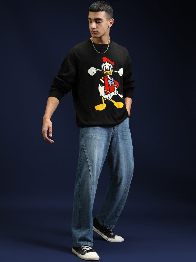 Disney By Highlander Men Black Donald Duck Round Neck Pullover Sweater - Black - Image 2