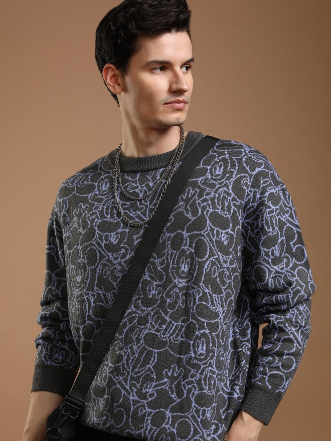 Disney By Highlander Men Grey Mickey Mouse Round Neck Pullover Sweater - Grey - Image 1