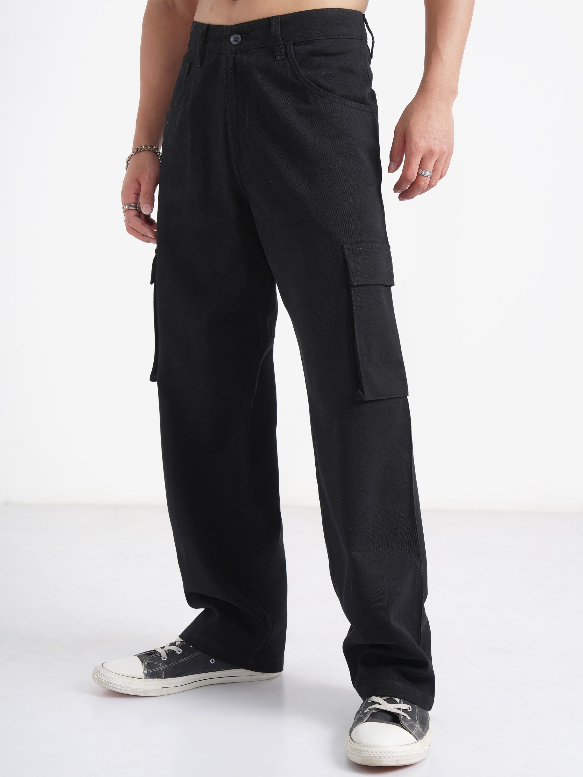 Disney By Highlander Men Black Mickey Mouse Loose Fit Solid Cargos - Black - Image 4