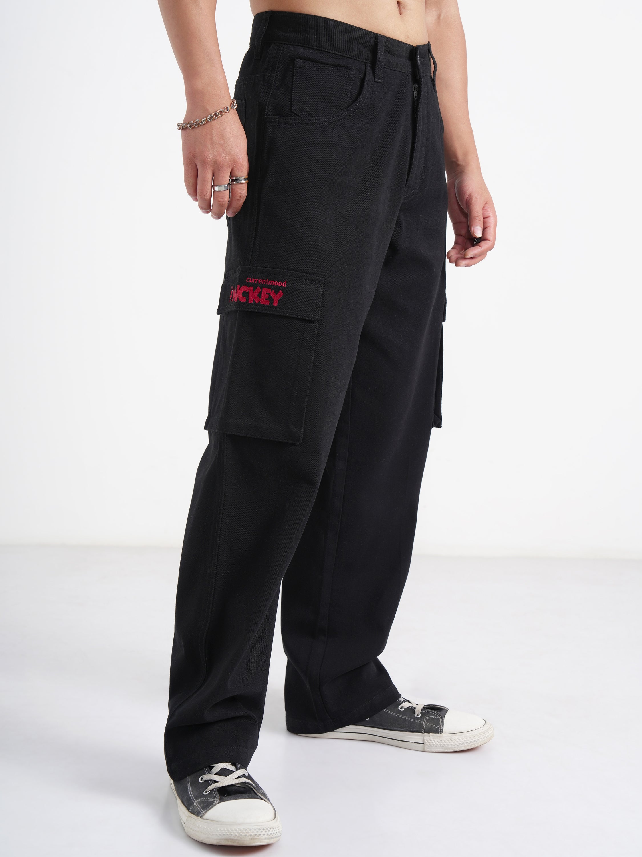 Disney By Highlander Men Black Mickey Mouse Loose Fit Solid Cargos - Black - Image 6