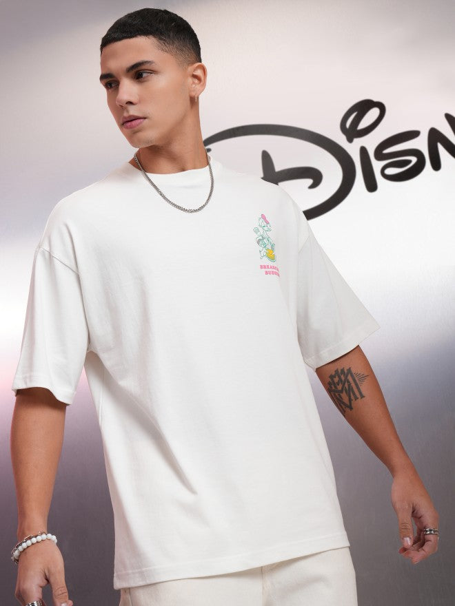 Disney By Highlander Men White Donald Duck Printed Round Neck Oversized Fit T-Shirt - White - Image 6