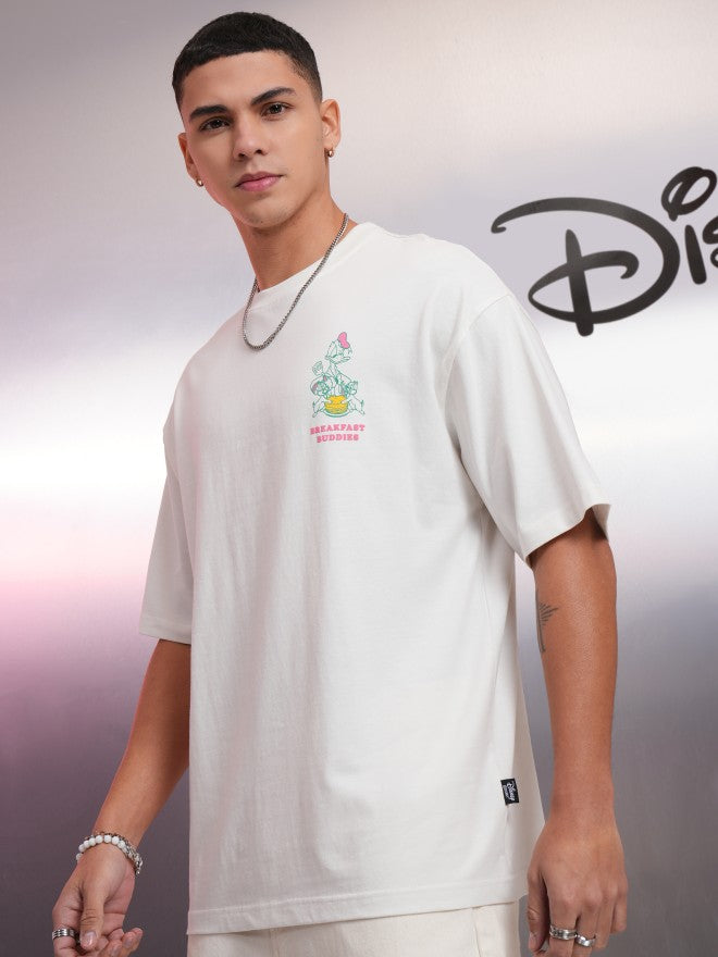 Disney By Highlander Men White Donald Duck Printed Round Neck Oversized Fit T-Shirt - White - Image 4