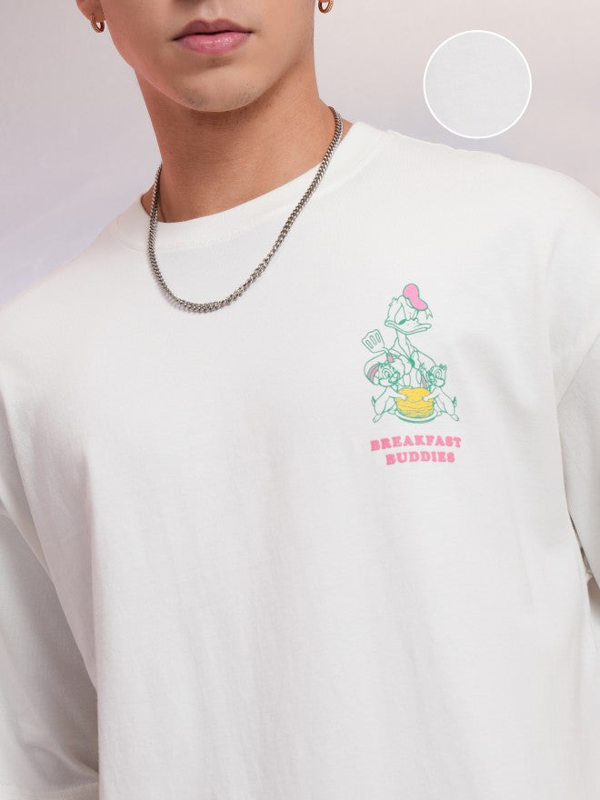 Disney By Highlander Men White Donald Duck Printed Round Neck Oversized Fit T-Shirt - White - Image 5