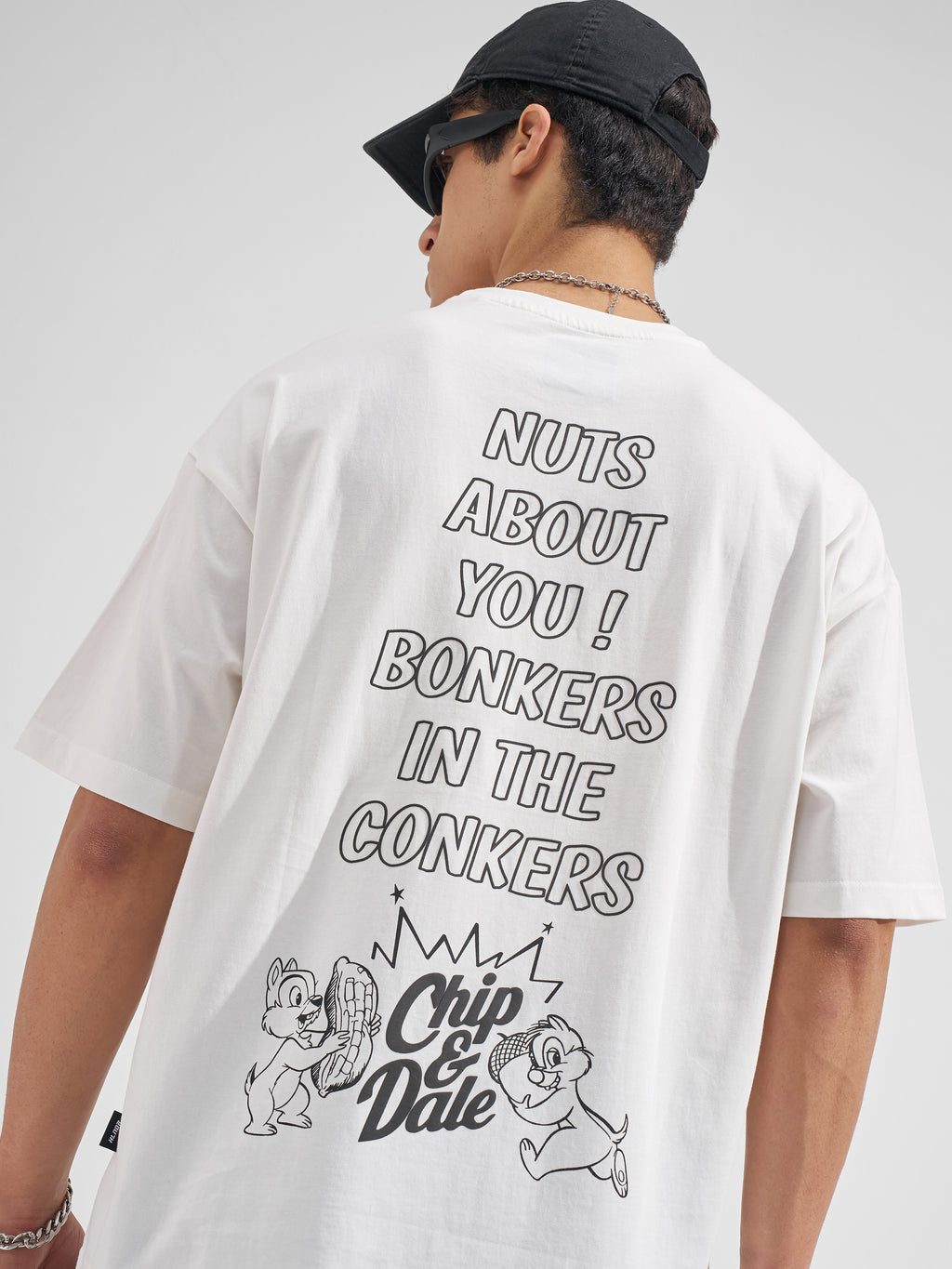 Dsiney By Highlander Men White Chip And Dale Printed Round Neck Oversized Fit T-Shirt