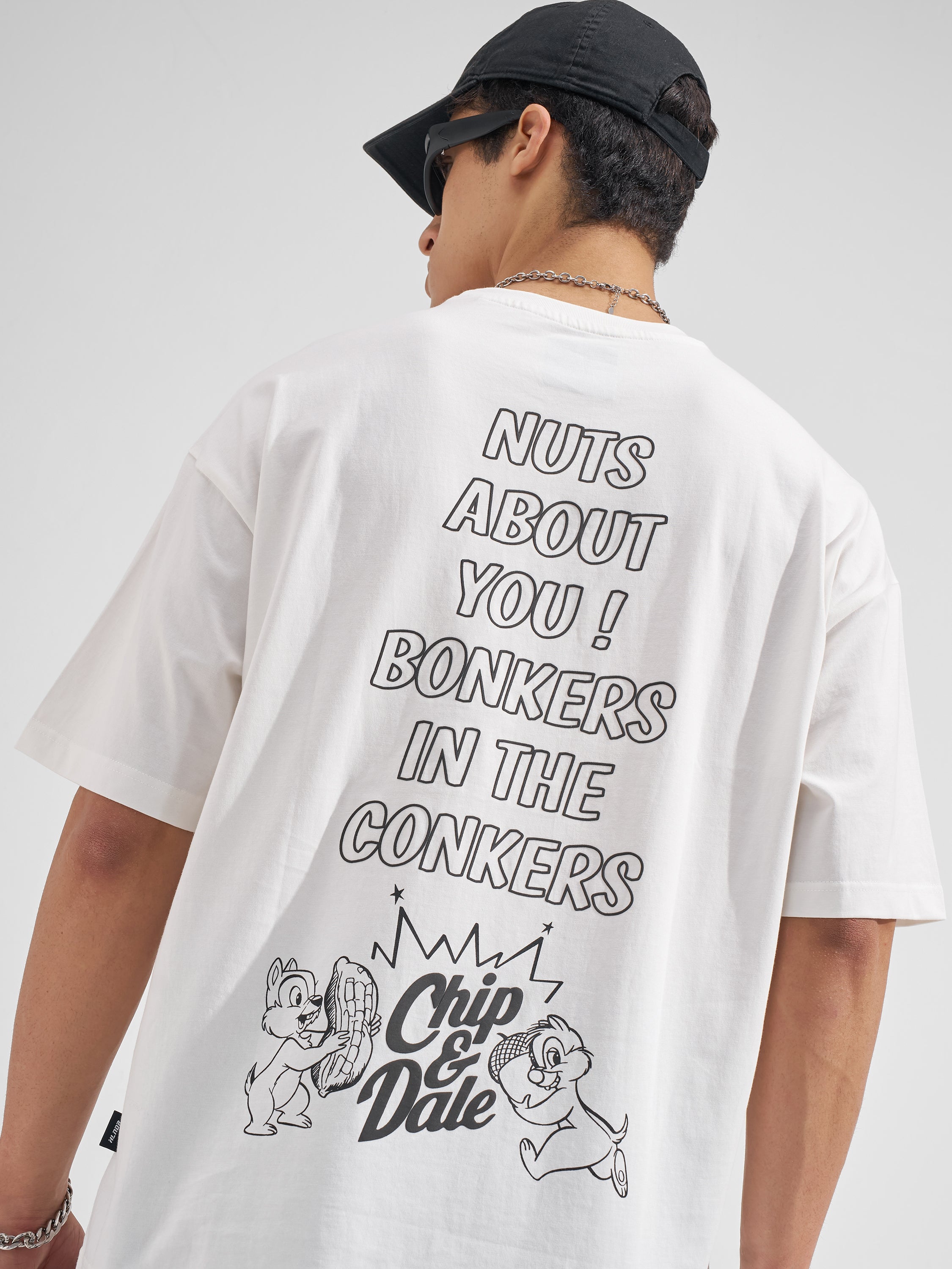 Dsiney By Highlander Men White Chip And Dale Printed Round Neck Oversized Fit T-Shirt