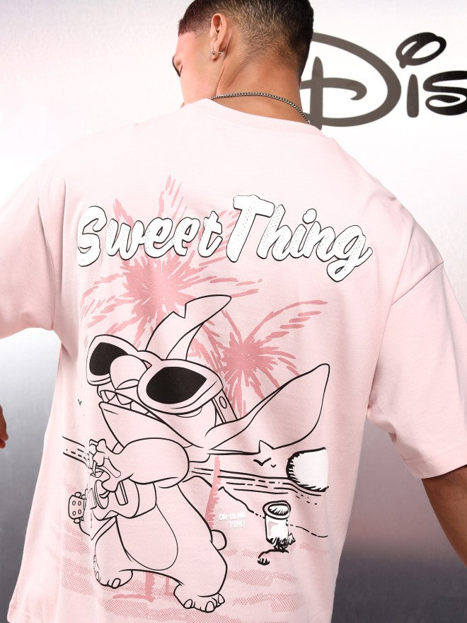 Disney By Highlander Men Pink Stitch Printed Round Neck Oversized Fit T-Shirt - Pink - Image 1