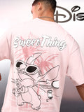 Disney By Highlander Men Pink Stitch Printed Round Neck Oversized Fit T-Shirt - Pink - Image 1