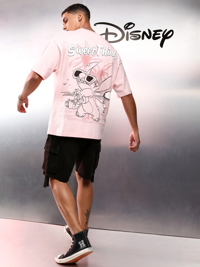 Disney By Highlander Men Pink Stitch Printed Round Neck Oversized Fit T-Shirt - Pink - Image 2