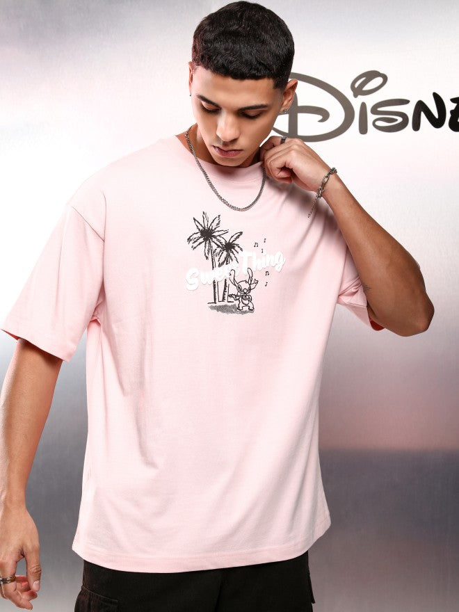 Disney By Highlander Men Pink Stitch Printed Round Neck Oversized Fit T-Shirt - Pink - Image 3