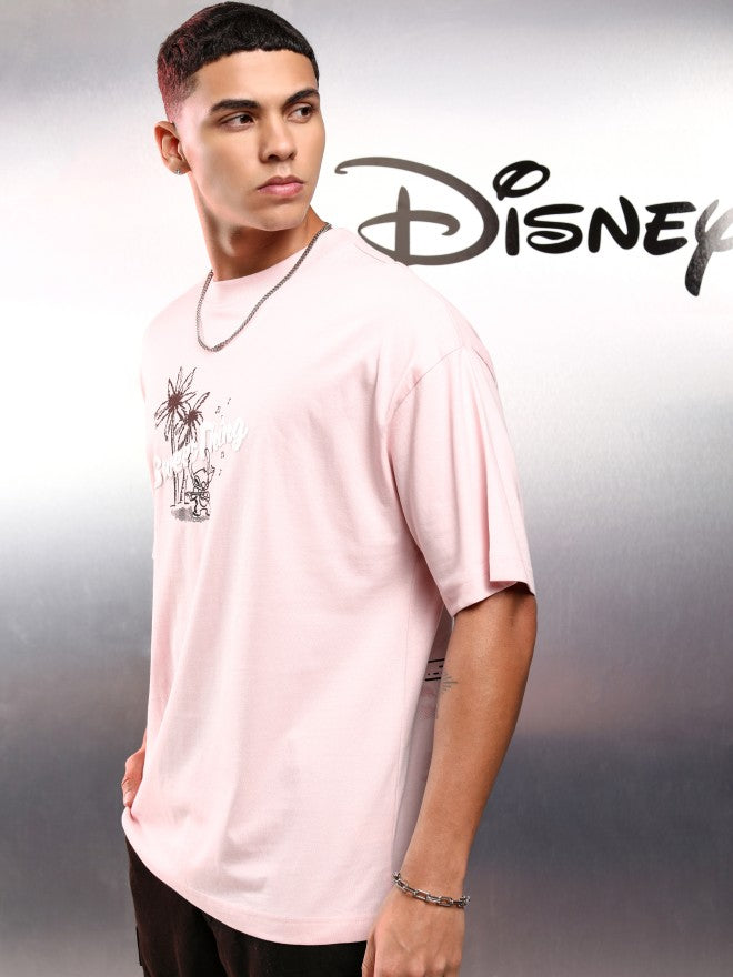 Disney By Highlander Men Pink Stitch Printed Round Neck Oversized Fit T-Shirt - Pink - Image 4
