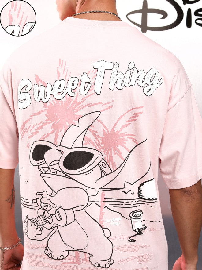 Disney By Highlander Men Pink Stitch Printed Round Neck Oversized Fit T-Shirt - Pink - Image 5
