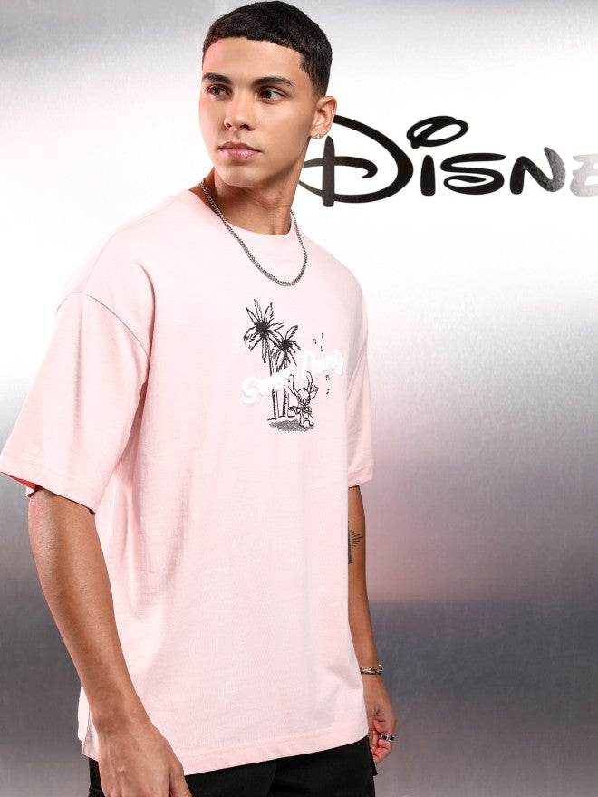 Disney By Highlander Men Pink Stitch Printed Round Neck Oversized Fit T-Shirt - Pink - Image 6