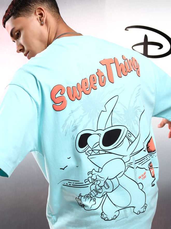 Disney By Highlander Men Blue Stitch Printed Round Neck Oversized Fit T-Shirt - Blue - Image 1