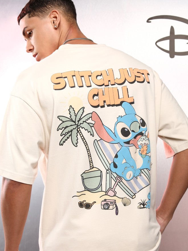 Disney By Highlander Men Cream Stitch Printed Round Neck Oversized Fit T-Shirt - Cream - Image 1