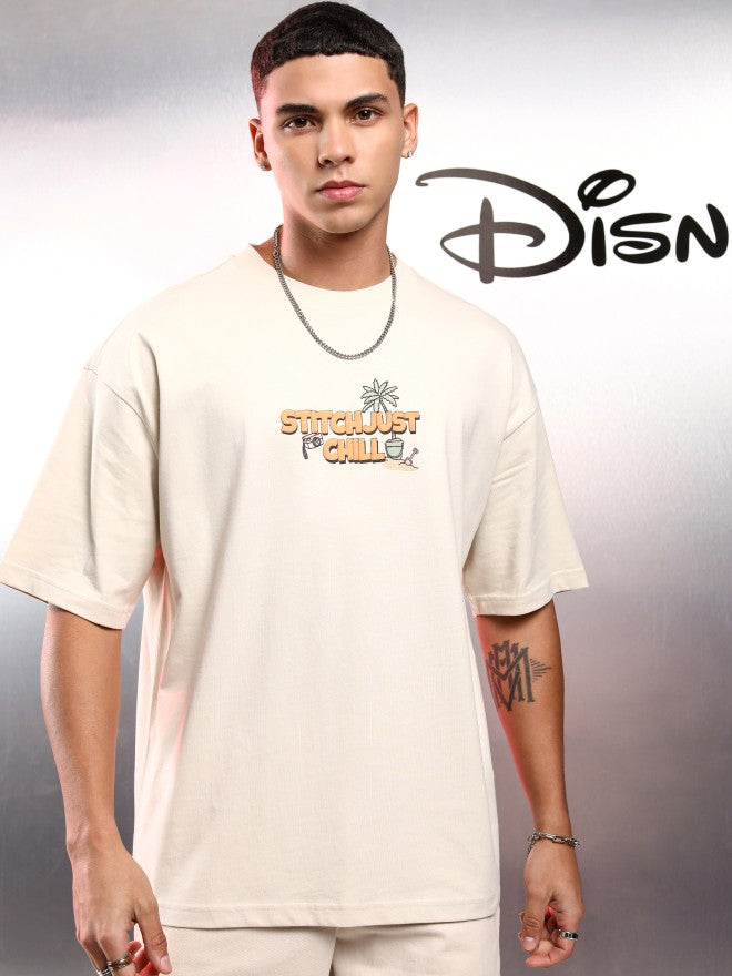 Disney By Highlander Men Cream Stitch Printed Round Neck Oversized Fit T-Shirt - Cream - Image 3