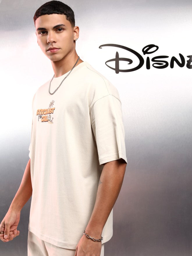 Disney By Highlander Men Cream Stitch Printed Round Neck Oversized Fit T-Shirt - Cream - Image 4
